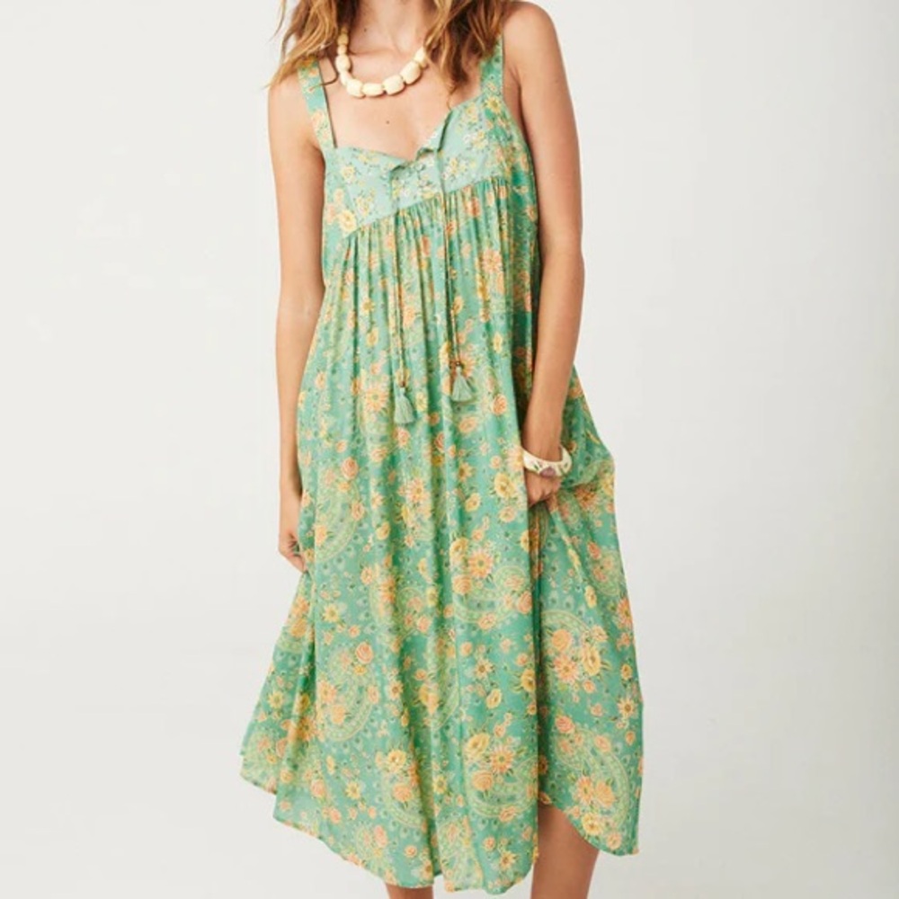 Spell Green Floral Maxi Dress with Yellow Accents - L BRAND NEW